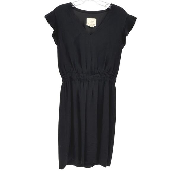 Kate Spade New York Black V Neck Flutter Sleeve Smocked Waist Midi Dress Size 10 - Picture 2 of 8